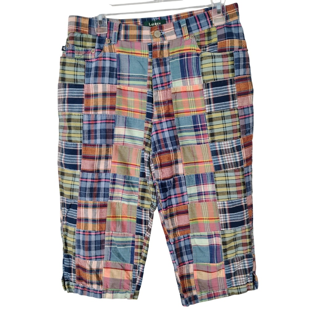 Lauren Ralph Lauren VTG Patchwork Plaid Cropped Pants Multi Color 10 boho preppy